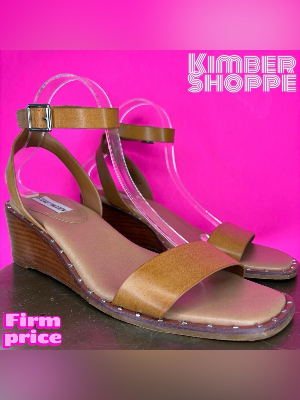 Steve Madden Harlequin Cognac Faux Leather Ankle Strap Wedge Sandal US 10 UK 8